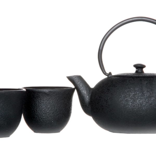 თუჯის ნაკრები: ჩაის დასაყენებელი ჩაიდანი და 2 ჭიქა , შავი.